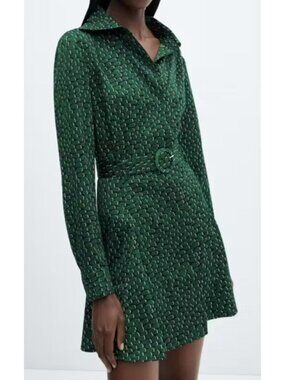 Mango Women's Sz 2 Patterned Long-Sleeve Mini Shirt Dress With Belted Waist